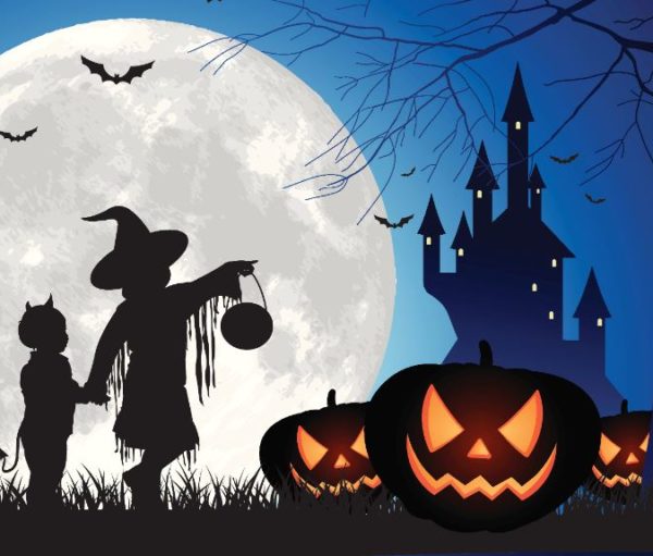 illustration of children dressed in Halloween costumes heading towards castle with jack-o-lanterns in the foreground